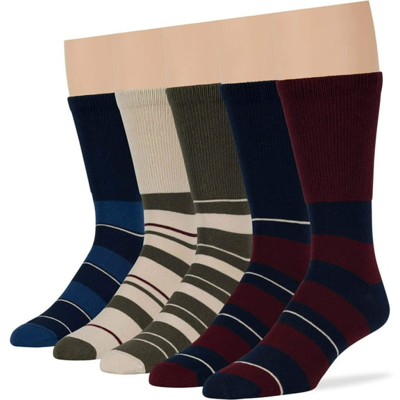 7BigStars Kingdom Men's Diabetic Seamless Crew Socks - 5 Pack Large - Stripe Pattern - Sock Size 10-13 Shoe Size 9-12 Burgundy, Dark Navy, Olive Green, Light Beige