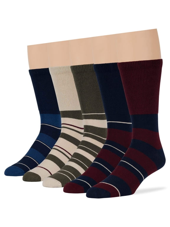 Men's Diabetic Seamless Crew Socks - 5 Pack Large - Stripe Pattern - Sock Size 10-13 Shoe Size 9-12 Burgundy, Dark Navy, Olive Green, Light Beige