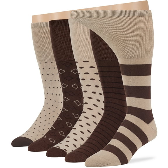 7BigStars Kingdom Men's Non-Binding Cotton Mid Calf Socks - 5 Pack Big Tall - Stripe Pattern - Sock Size 13-15 Shoe Size 12-15 XL Dark Brown, Brown, Beige, Light Beige