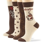 7BigStars Kingdom Women Cotton Crew Coffee Beans Socks 4 Pack Large 10-12, Novelty Calf Soft Long Funny, Brown, Beige