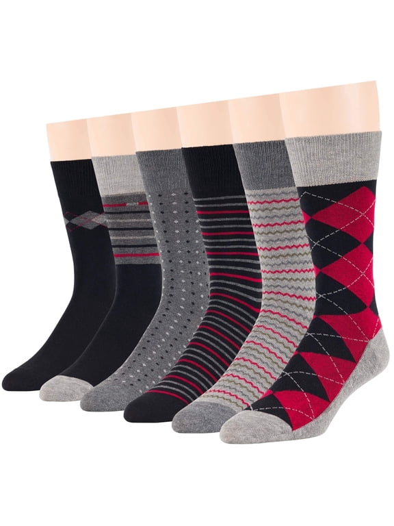 Men's Dress Socks Cotton -6 pack- Business Casual Seamless Argyle, Dotted, Striped Sock Size 10-13 Shoe Size 9-12 L Black, Dark Grey, Grey (A43)