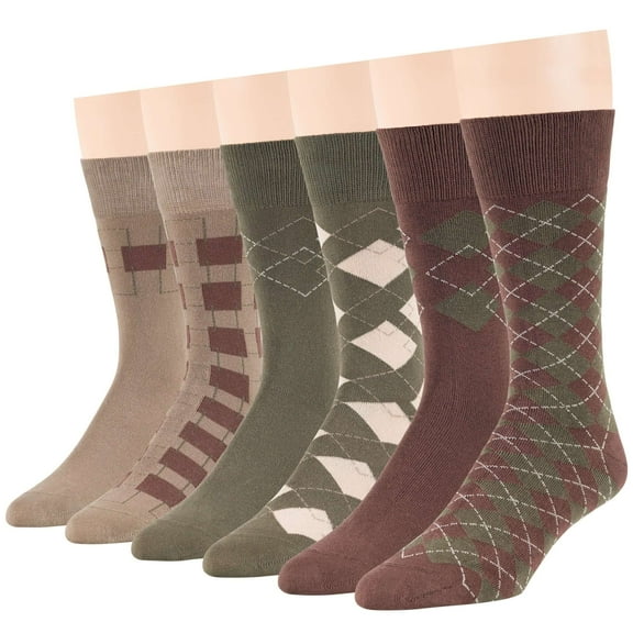 7Bigstars Kingdom Men's Dress Socks Cotton -6 pack- Business Casual Seamless Diamond, Geometric Pattern Sock Size 10-13 Shoe Size 9-12 L Brown, Olive Green, Khaki (A40)