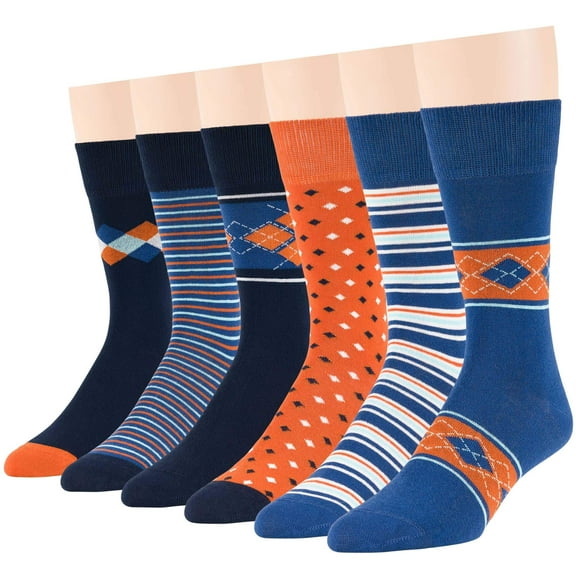 7Bigstars Kingdom Men's Dress Socks Cotton -6 pack- Novelty Bright Casual Seamless Argyle, Diamond, Dotted, Striped Sock Size 10-13 Shoe Size 9-12 L Dark Navy, Orange, Estate Blue (A48)