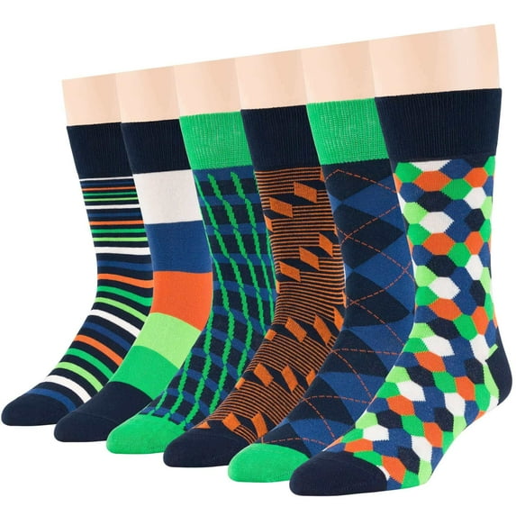 7Bigstars Kingdom Men's Dress Socks Cotton -6 pack- Novelty Bright Casual Seamless Diamond, Argyle, Mosaic, Striped Sock Size 10-13 Shoe Size 9-12 L Dark Navy, Emerald Green, Multicolor (A49)