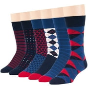 7Bigstars Kingdom Mens Dress Socks Cotton -6 pack- Novelty Casual Seamless Argyle, Diamond, Hexagon, Dotted, Striped Sock Size 10-13 Shoe Size 9-12 L Estate Blue, Dark Navy A45