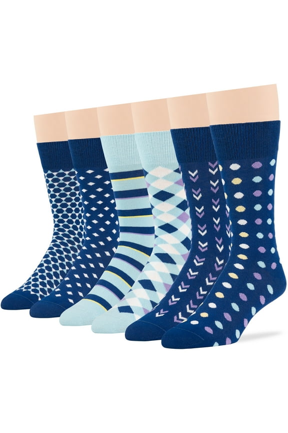 Men's Dress Socks Cotton -6 pack- Novelty Casual Seamless Diamond, Hexagon, Polka Dot, Striped Sock Size 10-13 Shoe Size 9-12 L Estate Blue, Light Blue (A46)