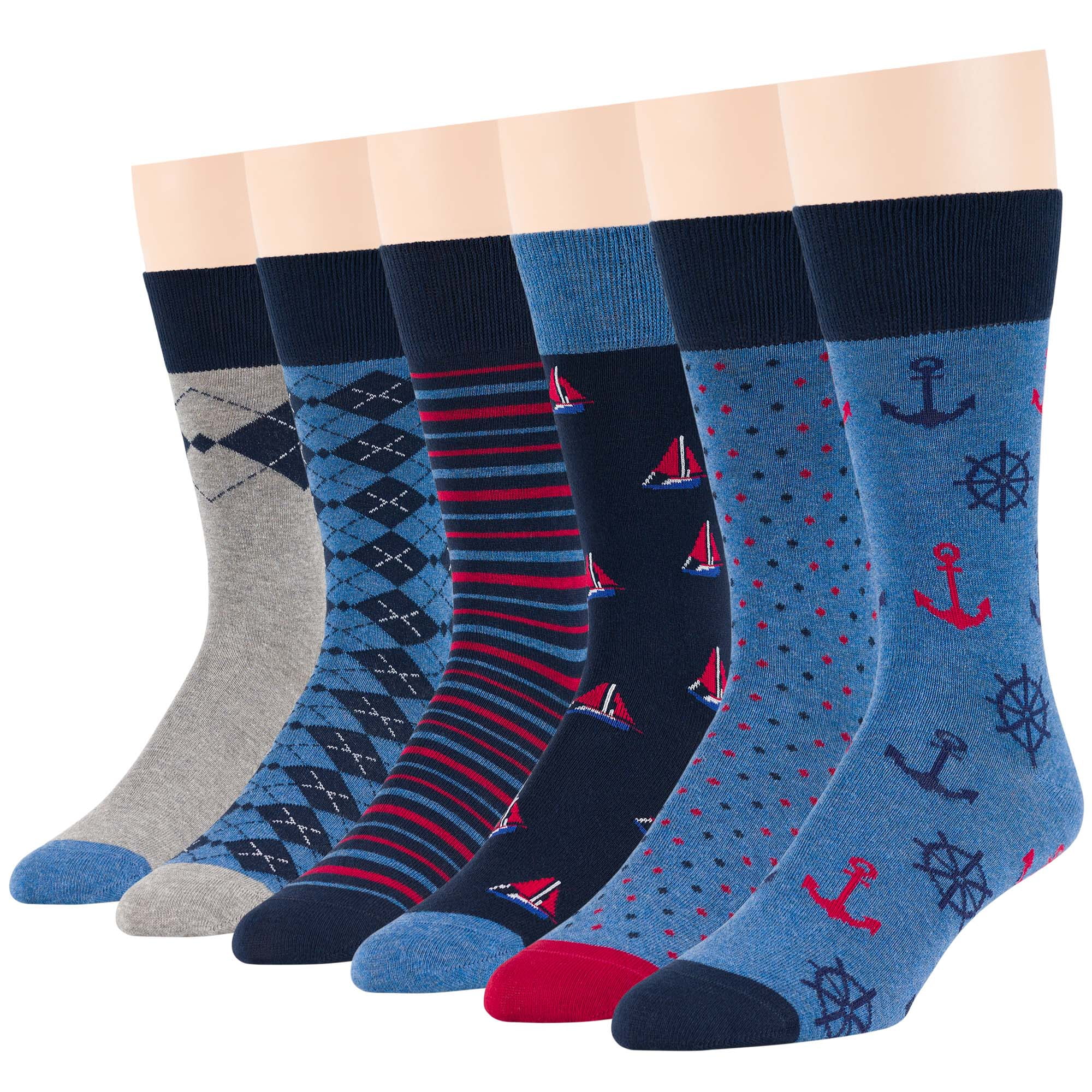 7Bigstars Kingdom Men's Dress Socks Cotton -6 pack- Novelty Casual Seamless Sail, Anchor, Dot, Striped Sock Size 10-13 Shoe Size 9-12 L Denim Blue, Dark Navy, Grey (A41)