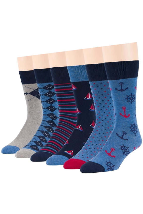 Men's Dress Socks Cotton -6 pack- Novelty Casual Seamless Sail, Anchor, Dot, Striped Sock Size 10-13 Shoe Size 9-12 L Denim Blue, Dark Navy, Grey (A41)
