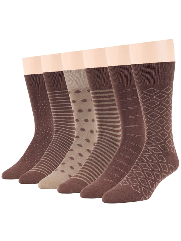 Men's Dress Socks Cotton -6 pack- Thin Business Casual Seamless Diamond, Polka Dot, Striped Sock Size 10-13 Shoe Size 9-12 L Brown Assortment A42