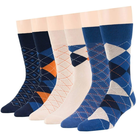 7Bigstars Kingdom Men's Dress Socks Cotton -6 pack- Thin Fashion Casual Seamless Argyle, Dotted, Striped Sock Size 10-13 Shoe Size 9-12 L Estate Blue, Dark Navy, Light Beige (A37)