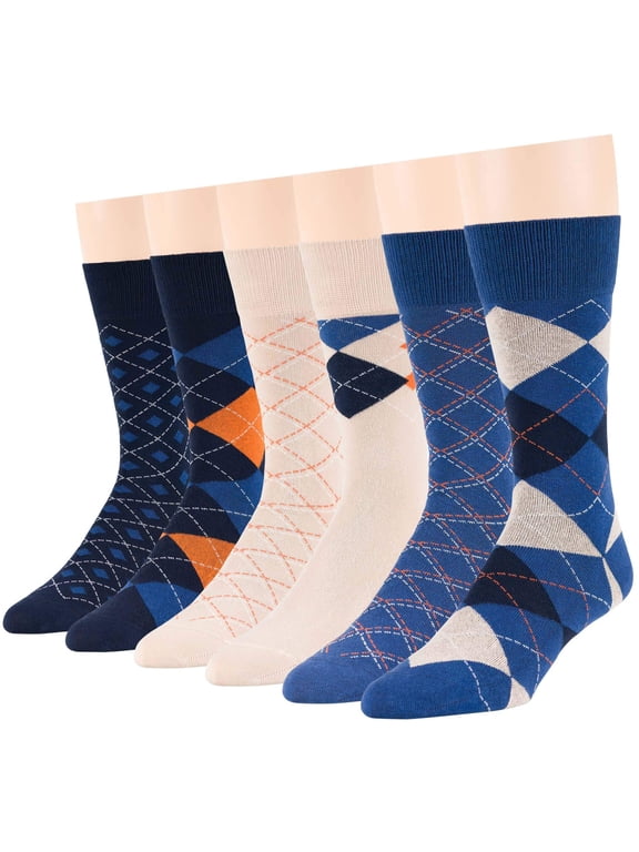 Men's Dress Socks Cotton -6 pack- Thin Fashion Casual Seamless Argyle, Dotted, Striped Sock Size 10-13 Shoe Size 9-12 L Estate Blue, Dark Navy, Light Beige (A37)