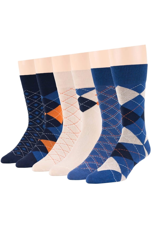 Men's Dress Socks Cotton -6 pack- Thin Fashion Casual Seamless Argyle, Dotted, Striped Sock Size 10-13 Shoe Size 9-12 L Estate Blue, Dark Navy, Light Beige (A37)