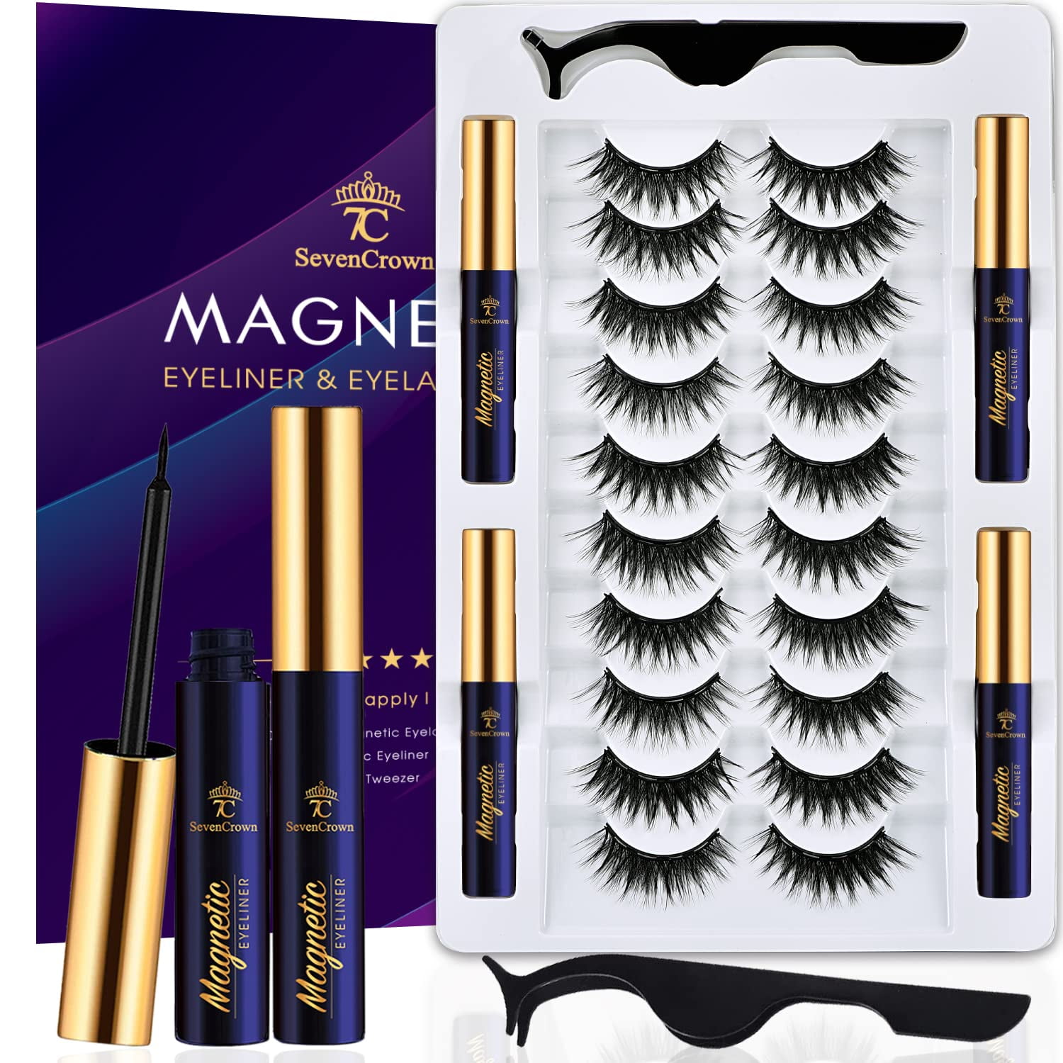 7C SEVENCROWN Magnetic Eyelashes Lashes with Eyeliner, 10 Pairs Medium ...
