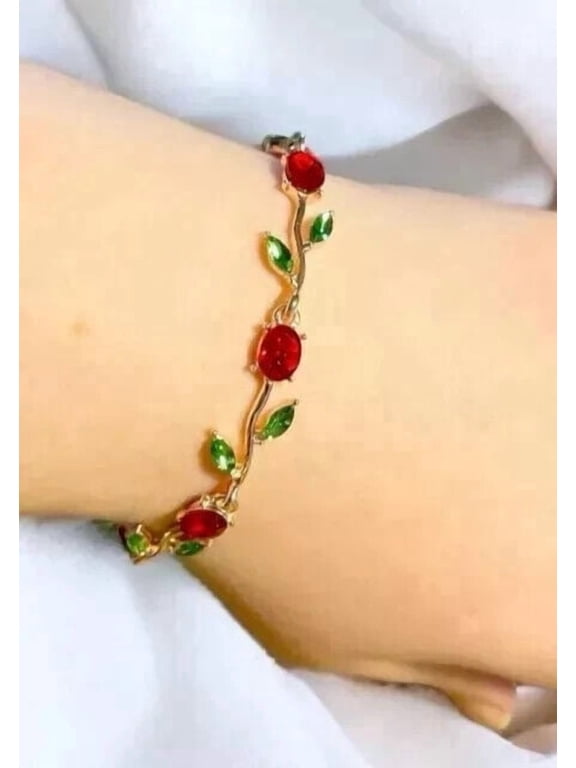 7Ct Oval Cut Lab-Created Red Ruby Emerald Beautiful Women's Bracelet 14K Yellow Gold Plated Silver 7"