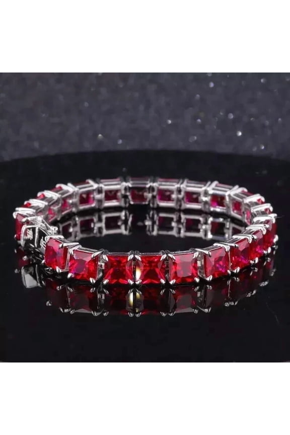7Ct Princess Cut Simulated Red Ruby Men's Weddings Gift Tennis Bracelet 14k White Gold Plated 8"inch