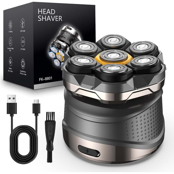 7D Electric Head Shaver for Bald Men, IPX7 Waterproof Floating Rotary Razor with Travel Case, Type-C Fast Charge, LED Display Black