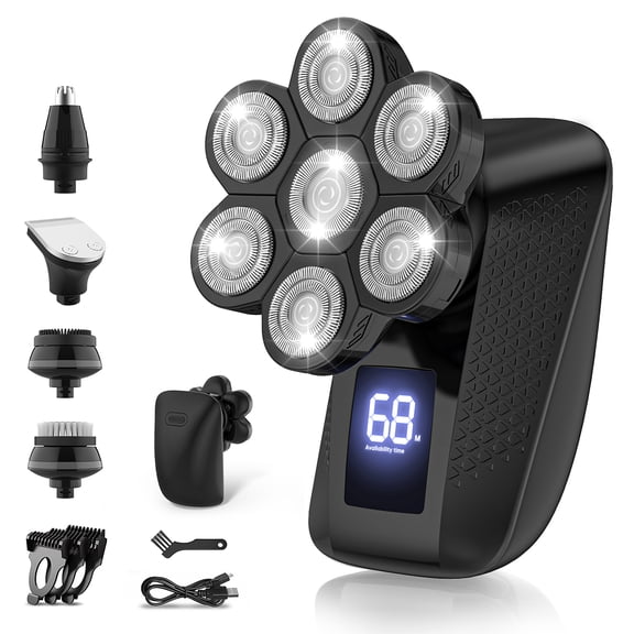 7D Head Shaver for Men, 5 in 1 Electric Bald Head Shaver with High-Speed Motor, IPX7 Waterproof Head Razor with LED Display, Dry/Wet, USB Rechargeable, Perfect for Home & Travel