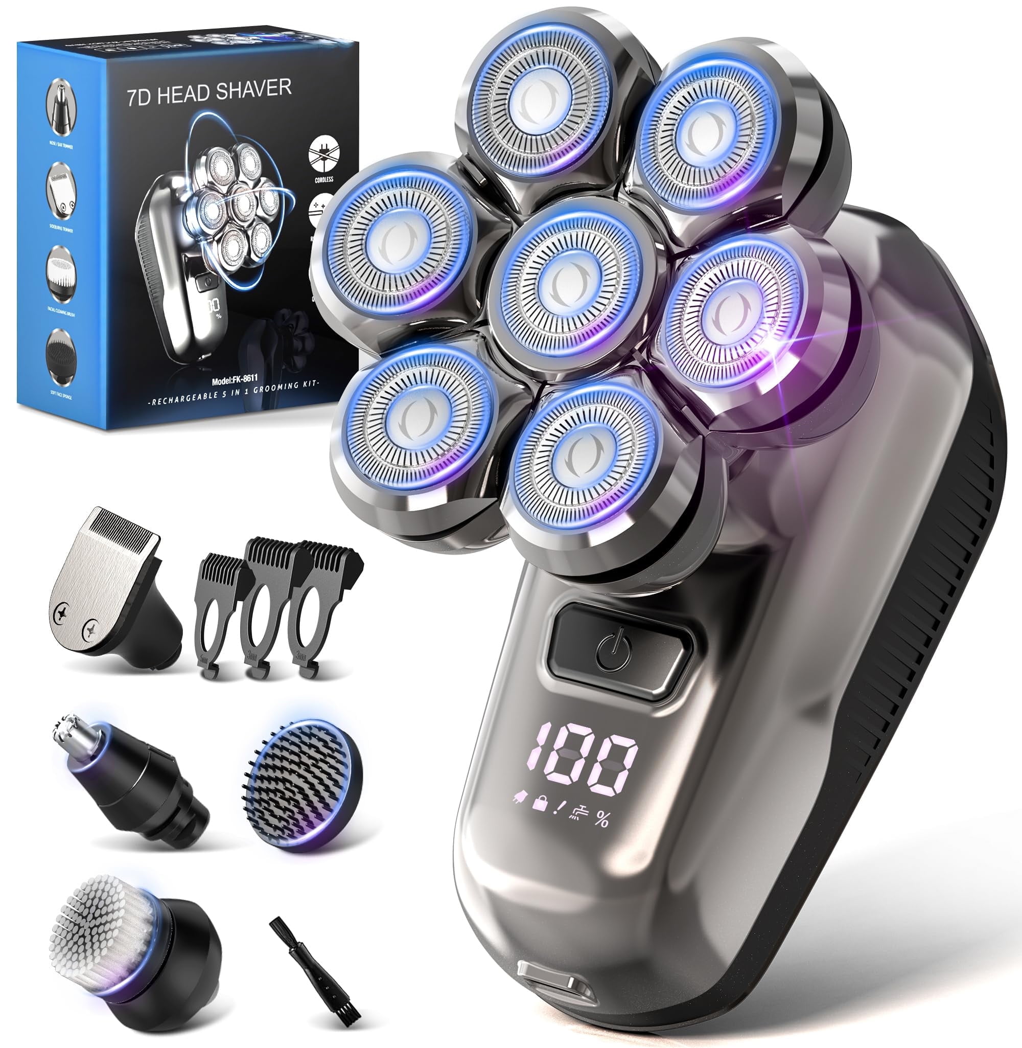 7D Head Shavers for Bald Men, Detachable Head Shaver LED Display Dry Wet Bald Head Razor, IPX7 Waterproof Head Shavers with Type-C Charge