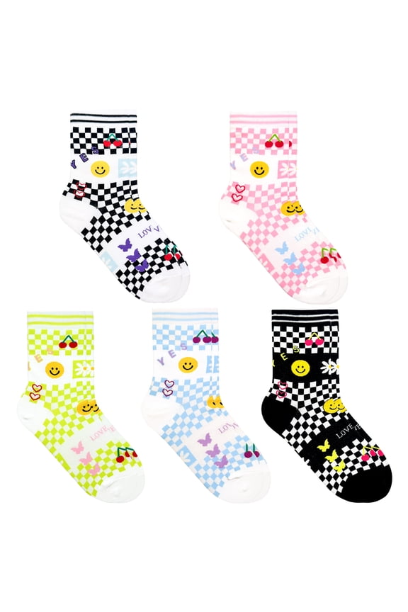 Women's Crew Checkboard Smile Socks - 5 Pair Set w/ Gift Bag - Daily Fashion - Made in Korea