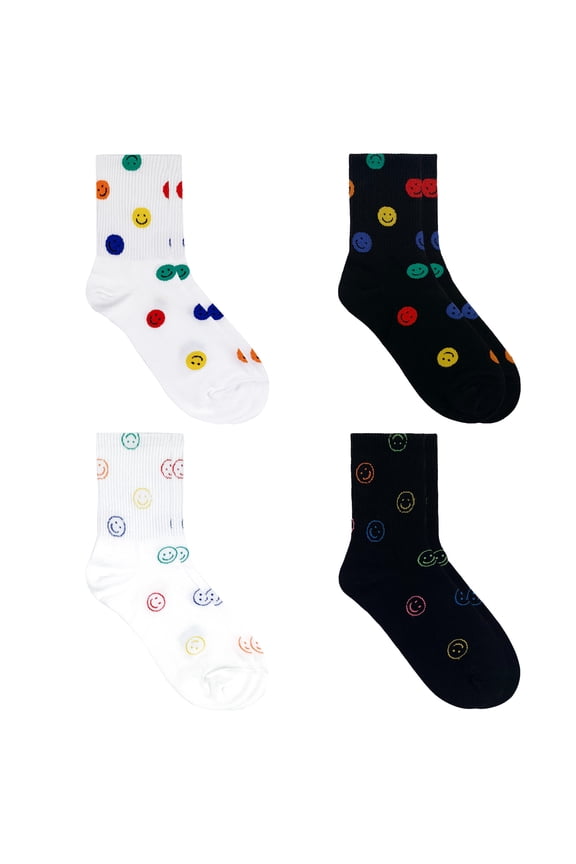 Women's Crew Popping Smile Socks - 4 Pair Set w/ Gift Bag - Daily Fashion - Made in Korea