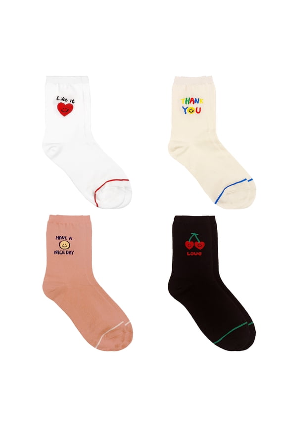 Women's Crew Stripe Smile Mood Socks - 4 Pair Set w/ Gift Bag - Daily Fashion - Made in Korea