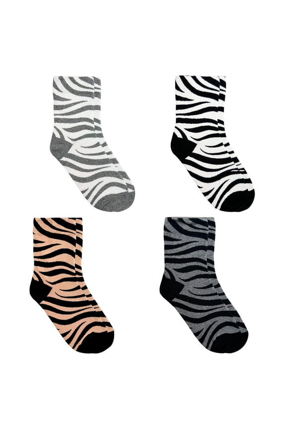 Women's Crew Zebra Pattern Socks - 4 Pair Set w/ Gift Bag - Daily Fashion - Made in Korea