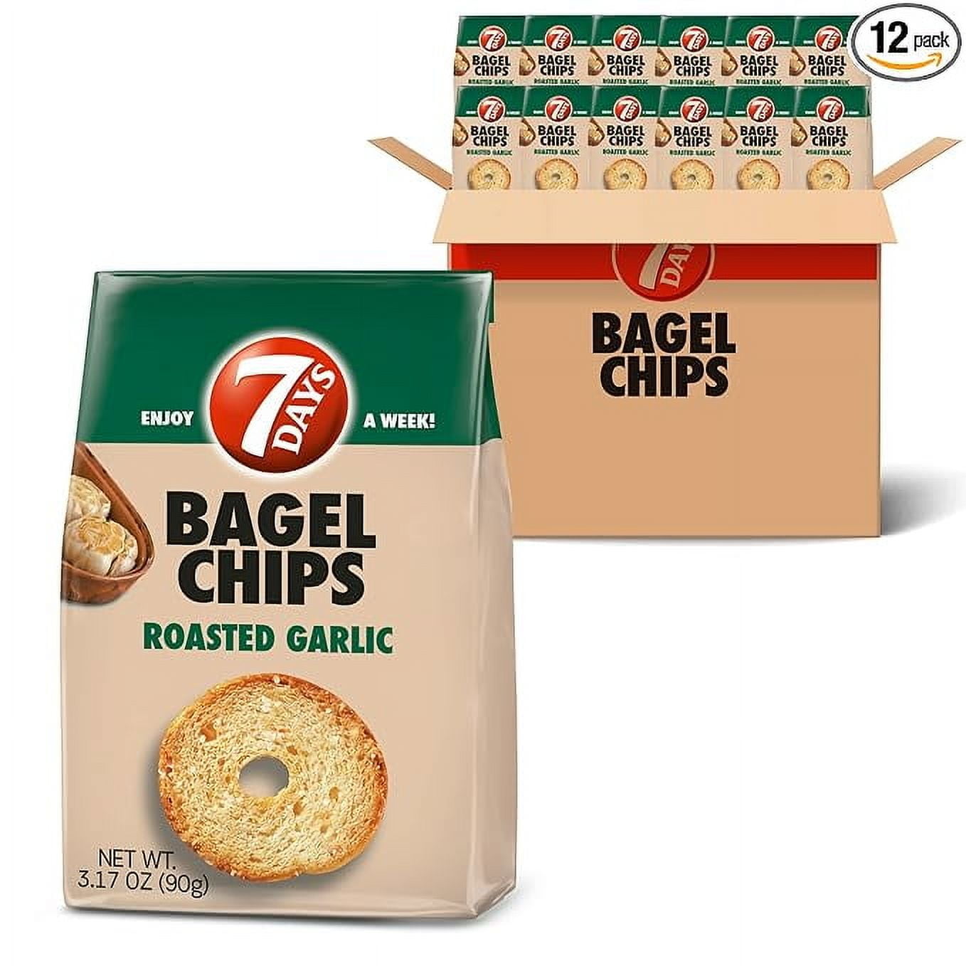 7Days Bagel Chips, Roasted Garlic, Natural, Non-GMO (3.17oz, Pack of 12)