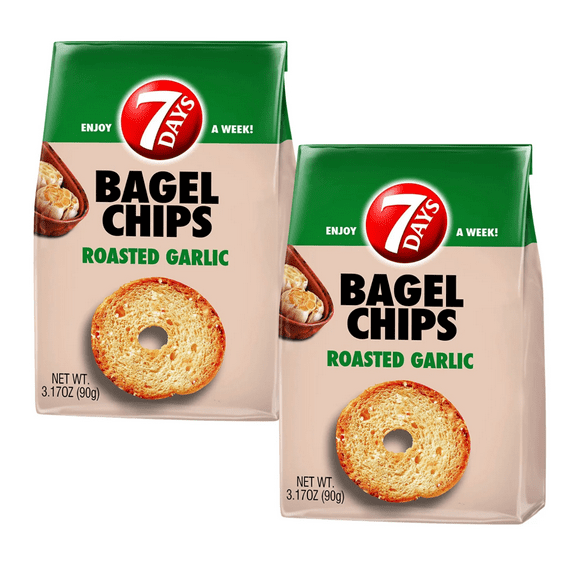 7Days Bagel Chips, Roasted Garlic Non-GMO, No Artificial Flavors, Colors, Preservatives, Ready to Eat Biscuit Great for Snacking Breakfast with Spread or Cheese Soup & Salad 3.17oz Pack of 2