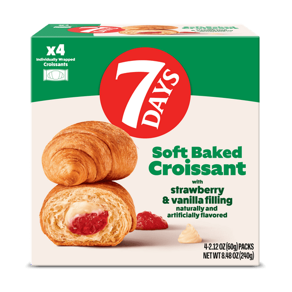 7Days Soft Croissant, Strawberry Vanilla (4 Pack), On The Go Breakfast, Individually Wrapped (2.12oz, Pack of 4)