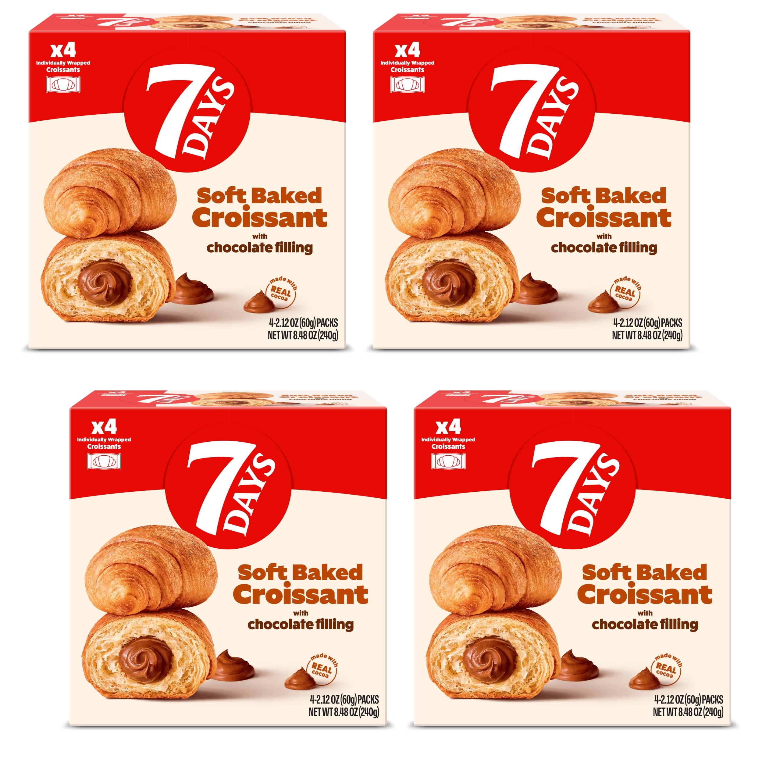 7Days Soft Croissant TWE5Multipacks (16 Pack), Chocolate, 4 Boxes, Non-GMO Breakfast Pastry (2.12oz, Pack of 16)