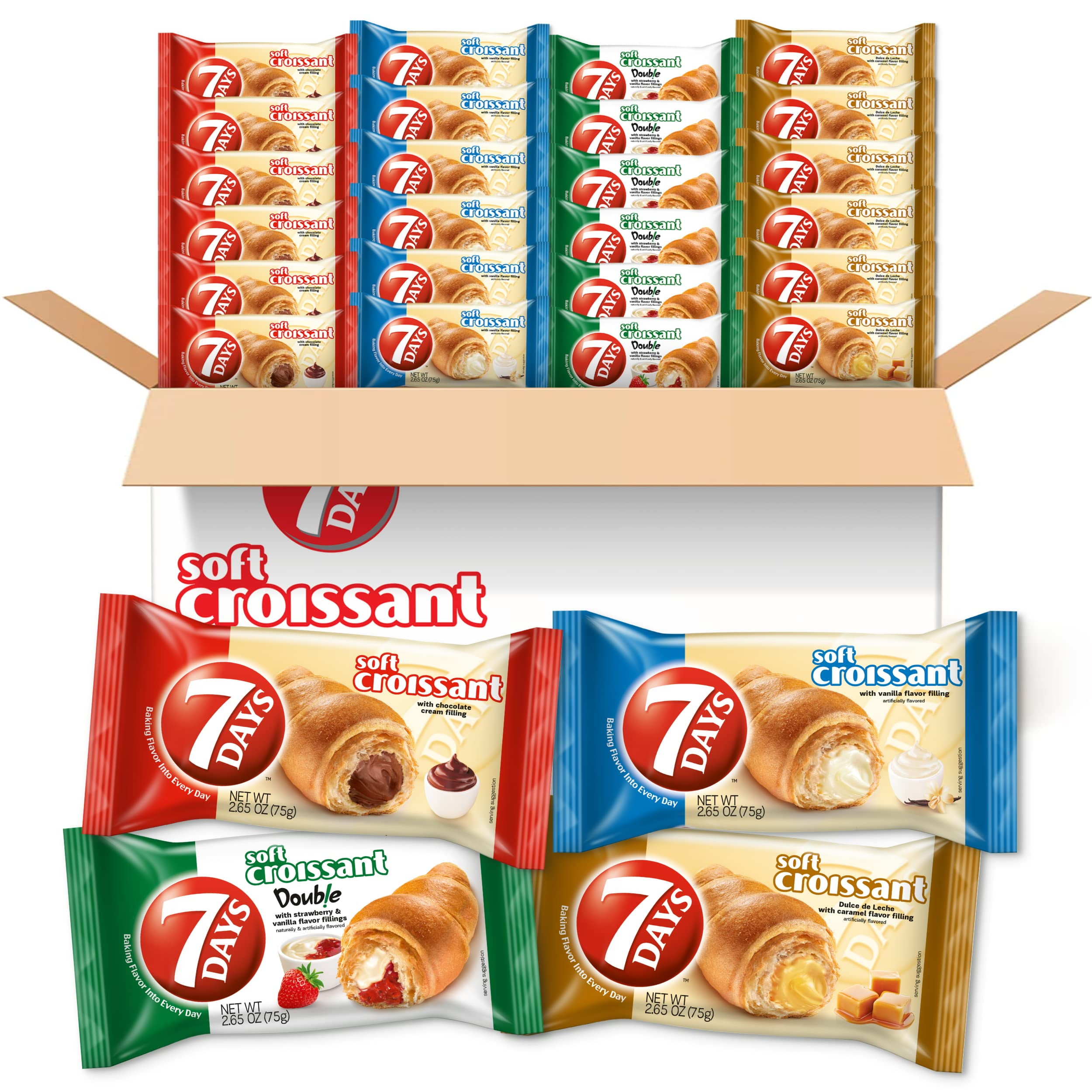 7Days Soft Croissant Variety Pack (24 ITL1Count), 6 Chocolate, 6 Vanilla, 6 Strawberry Vanilla, 6 Caramel, Breakfast Pastry, Individually Wrapped On The Go Snack (Pack of 24)