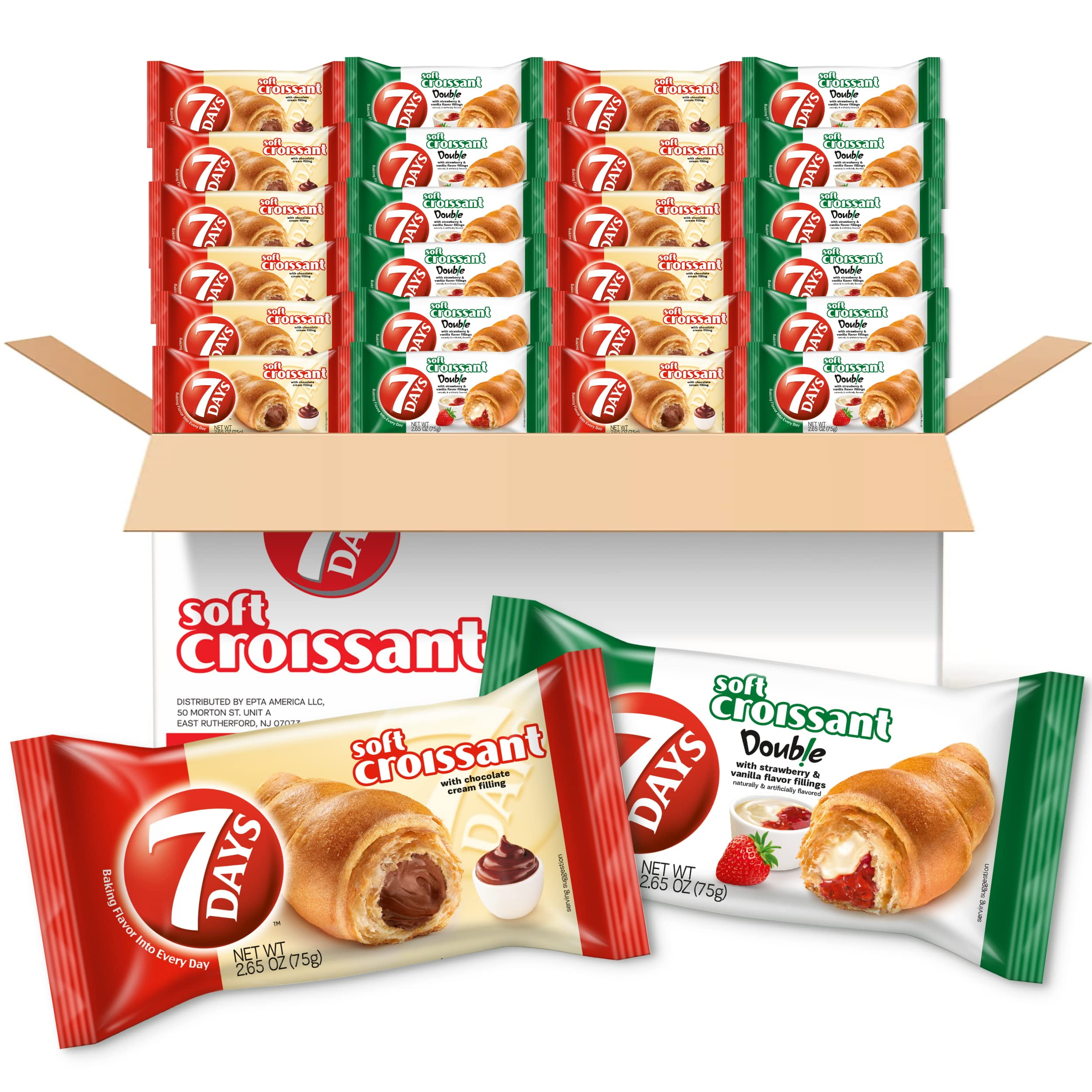 7Days Soft Croissant Variety Pack (24 SMRCount), 12 Chocolate, 12 Strawberry Vanilla, Breakfast Pastry, Individually Wrapped On The Go Snack (Pack of 24)