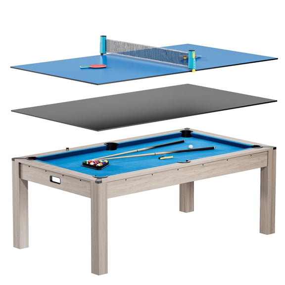 7FT 3-in-1 Pool Dining and Table Tennis Combo Table with Accessories, Multi-Game Billiard Table with Balls Cues Ping Pong for Game Room