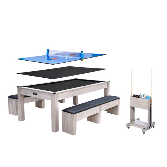 7FT 3-in-1 Pool Table, Convertible to Dining & Ping Pong Table with Complete Accessory Set & Rolling Storage Caddy, Wood Grain Finish