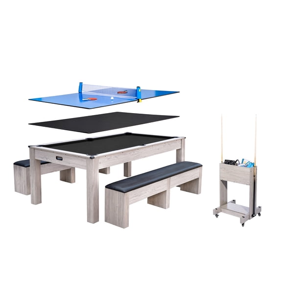 Shininglove 7ft 3-in-1 Pool Table, Convertible to Dining & Ping Pong Table with Complete Accessory Set & Rolling Storage Caddy