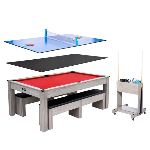 7FT 3-in-1 Pool Table with Dining Top & Table Tennis, Multi Game Billiard Table Set with HDF Wood Grain Finish, Includes Cues, Balls, Ping Pong Paddles and Rolling Storage Caddy