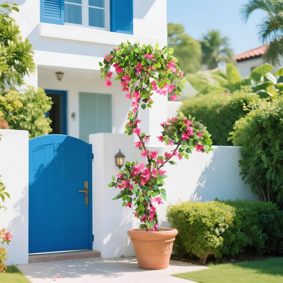 7FT Artificial Bougainvillea Tree Faux Flowering Tree with Pink Blooms in Pot, Tall Fake Plant for Indoor Outdoor Home Decor