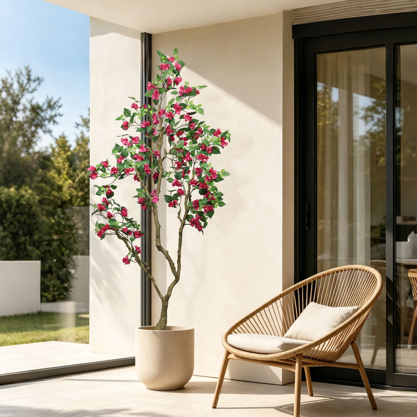 7FT Artificial Bougainvillea Tree with Realistic Rose Red Silk Flowers, Tall Faux Flowering Plant in Pot for Indoor Outdoor Home, Living Room, Porch, Patio Decor