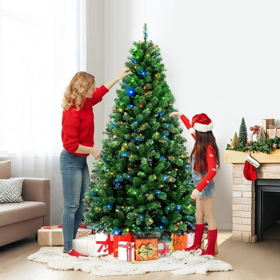 7FT Artificial Christmas Tree,900 Branches & 200 Lights 8 lighting modes,with Solid Metal Legs,for Indoor Outdoor Christmas Decoration