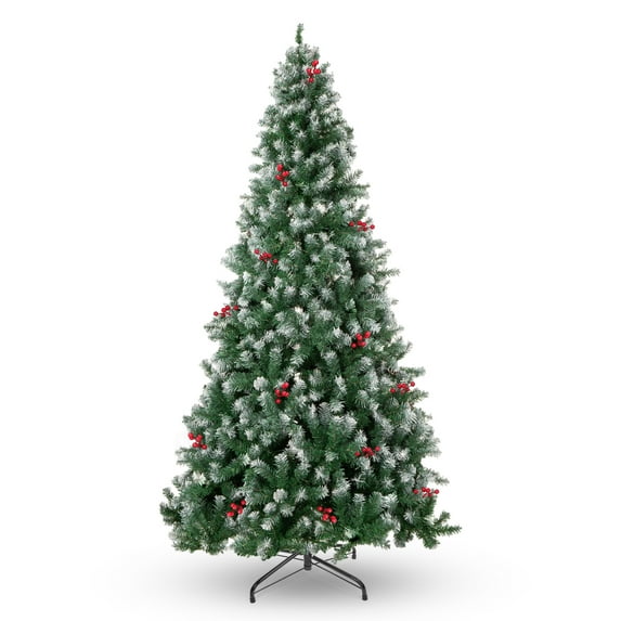 7FT Artificial Christmas Tree w/ 1100 PVC Branch Tips, Red Berries for Home Office Party Decor, Snow Flocked Xmas Tree with Foldable Metal Stand, Indoor Holiday Festival Decoration