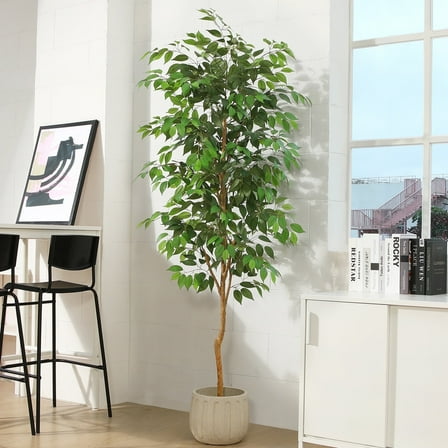 7FT Artificial Ficus Tree with Natural Wood Trunk and Lifelike Leaves, Silk Fake Potted Tree with Wood Branches, Faux Tree for Office Home Decor