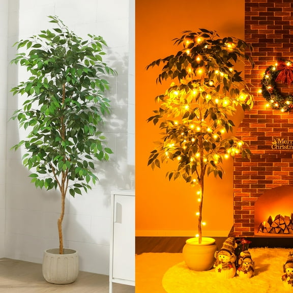 7FT Artificial Ficus Tree with Natural Wood Trunk and Lifelike Leaves, Silk Fake Potted Tree with Wood Branches, Faux Tree for Office Home Decor