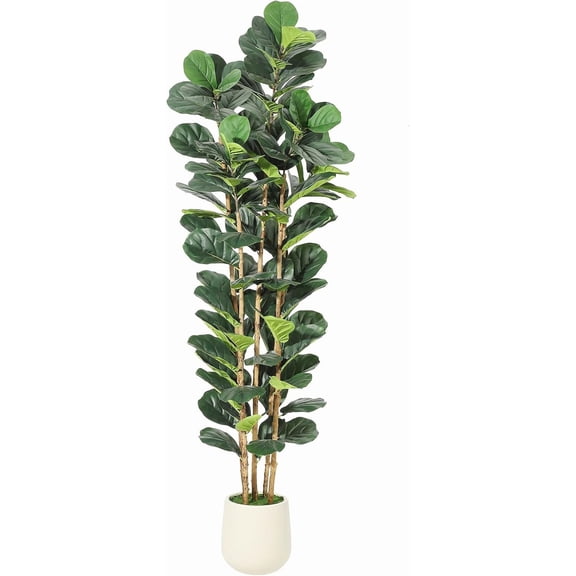 7FT Artificial Fiddle Leaf Fig Tree with Natural Wood Trunk,Tall Fake Fiddle Leaves Plant in White Planter