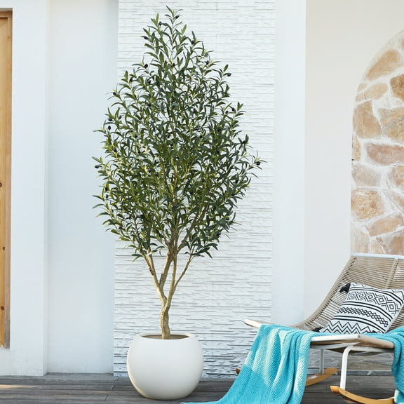 7FT Fuller Artificial Olive Tree in Pot, Artificial Olive Plants with Fruits, Realistic Indoor Outdoor Plants for Home Decor Housewarming Gift