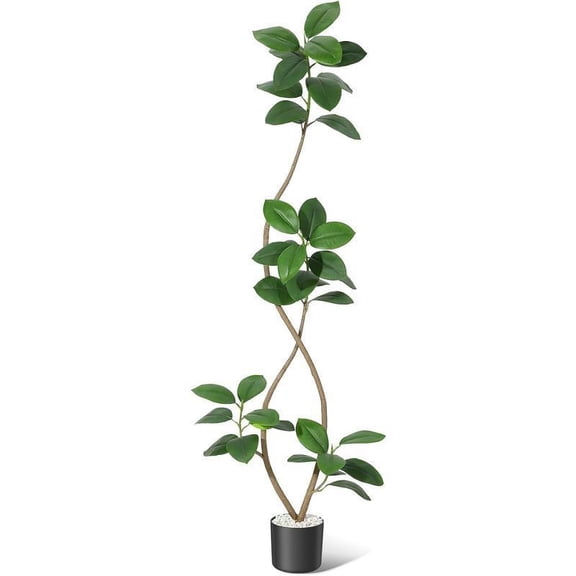7FT Artificial Plants Rubber Tree with Black Resin Pot& White Stone Faux Fiddle Leaf Fig Tree Indoor Artificial Trees Tall Plant Fake Tree Tropical Large Floor Tree Real Touch for Home Deco Decor Dec
