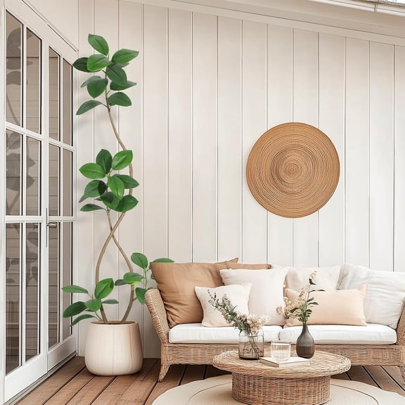 7FT Artificial Plants Rubber Tree with Black Resin Pot& White Stone Faux Fiddle Leaf Fig Tree Indoor Artificial Trees Tall Plant Fake Tree Tropical Large Floor Tree Real Touch for Home Deco