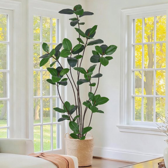 7FT Artificial Rubber Tree, 84 Inch Faux Green Tree with 10 Heads & 68 Lifelike Leaves, Tall Fake Potted Plant for Home Office Living Room Decor, Ideal Housewarming Gift