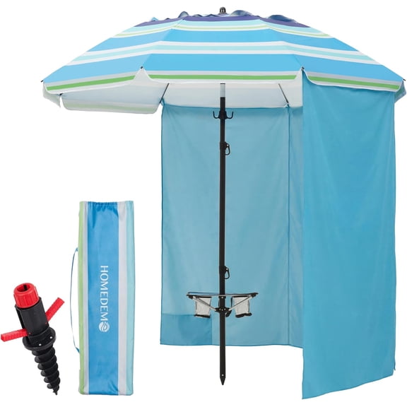 7FT Beach Umbrella with Table and Anchor, Windproof, UPF 50+ Sun Protection, Adjustable Aluminum Pole, Blue-Green-White Stripes