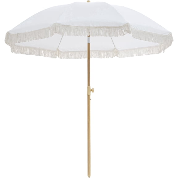 7FT Boho Patio Umbrella with Fringe, UPF50  Outdoor Umbrella with Fiberglass Ribs and Push Button Tilt, Tassels Umbrella for Beach, Terrace, Picnic