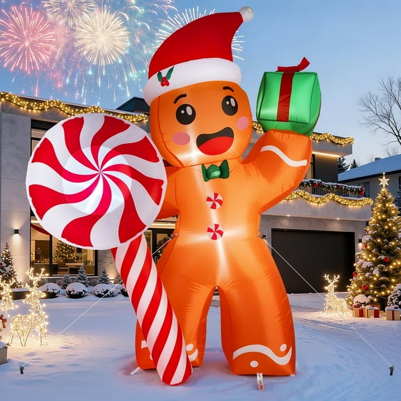 7ft Christmas Inflatables Gingerbread Man with Candy Cane Outdoor Decoration, Blow up Yard Decorations Built in LED Lights for Indoor Garden Lawn Holiday Party Decor